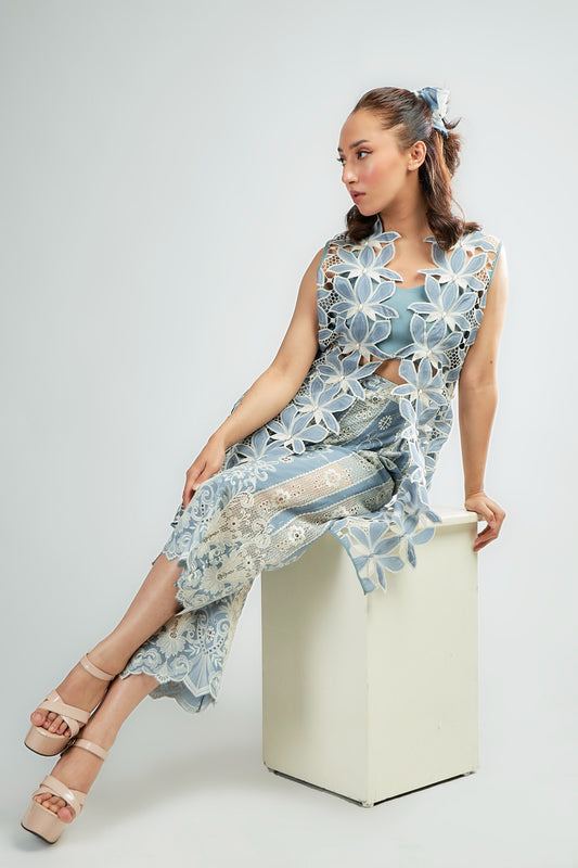 Pastel Blue cutwork embroidered jacket with pearl detailing and Inner and pastel blue thread embroidered pants