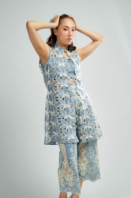 Pastel Blue cutwork embroidered jacket with pearl detailing and Inner