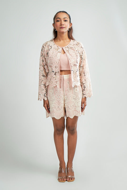 Pink Cutwork embroidery jacket with pearl detailing and pink thread embroidered shorts
